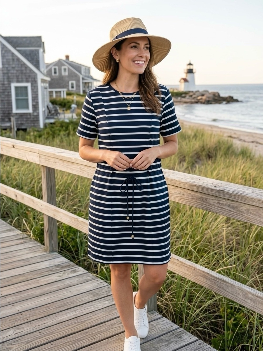 Elie Tahari Navy White Striped Drawstring Knit Dress Medium